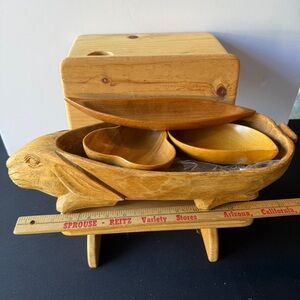 Vintage Carved Wooden Rabbit Shaped 15" Serving Bowl Set w/ 3 Smaller Dishes